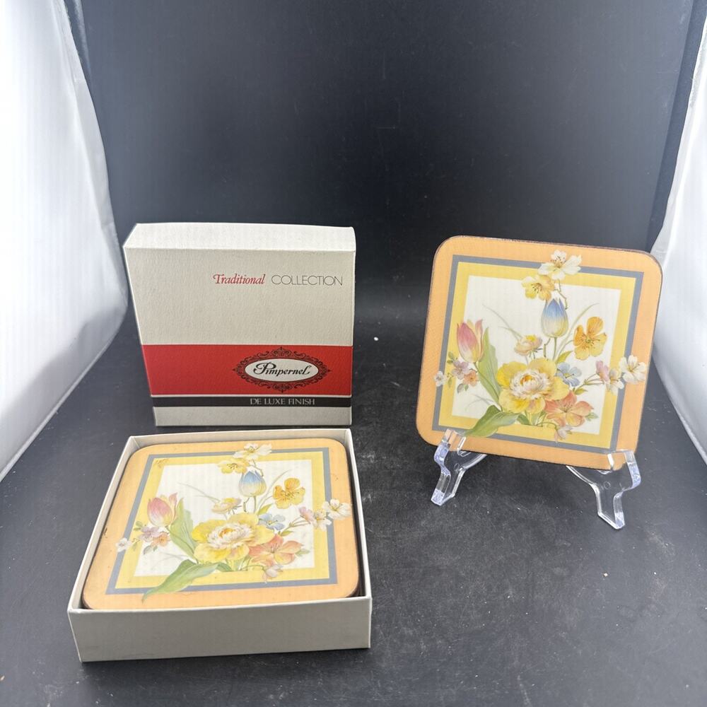 Vintage Pimpernel Coasters Angelique Floral Set of 6 Cork Backed Boxed England